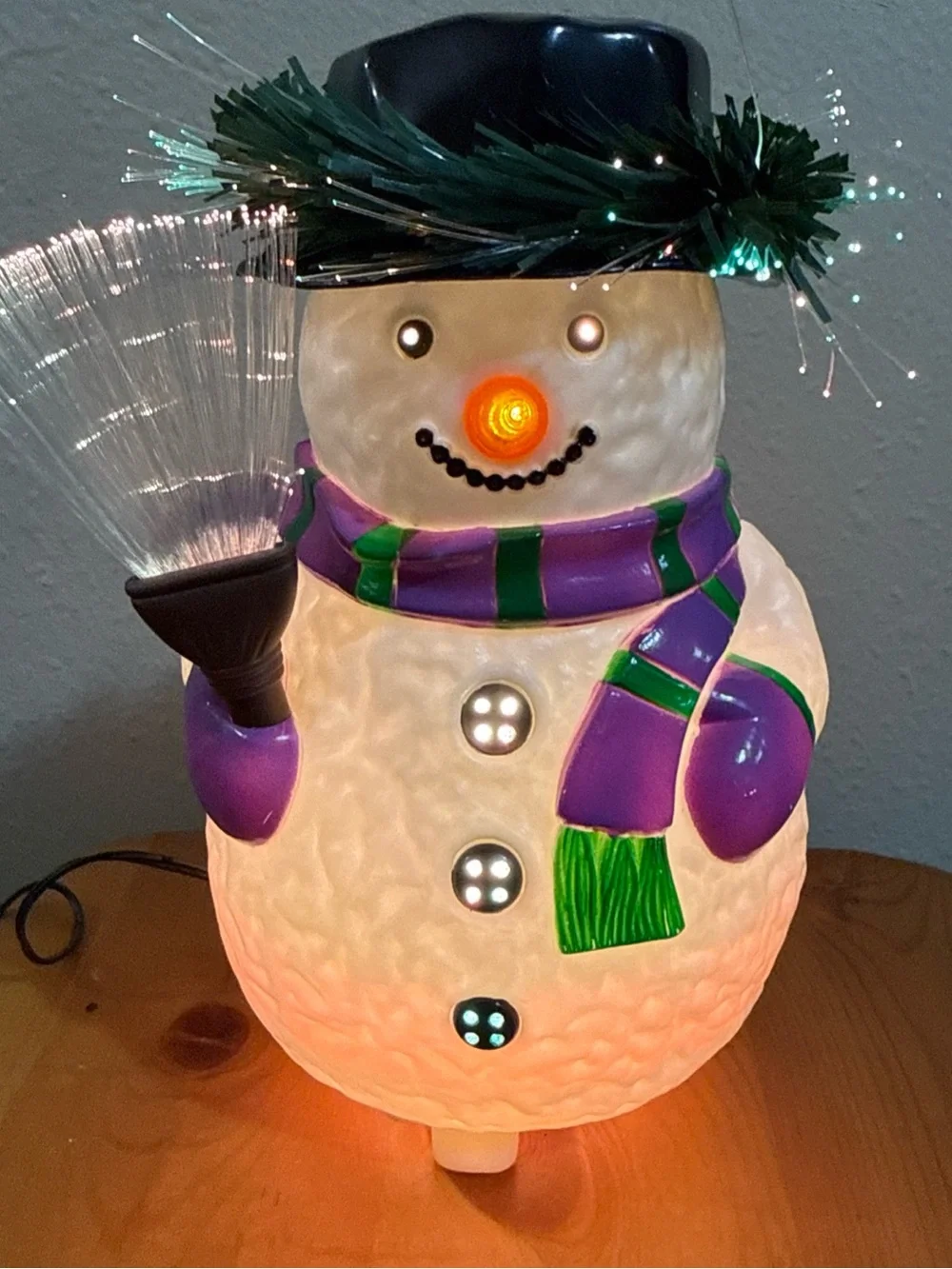 Vtg Fiber optic Blow mold  Purple & Green Snowman Holiday Light